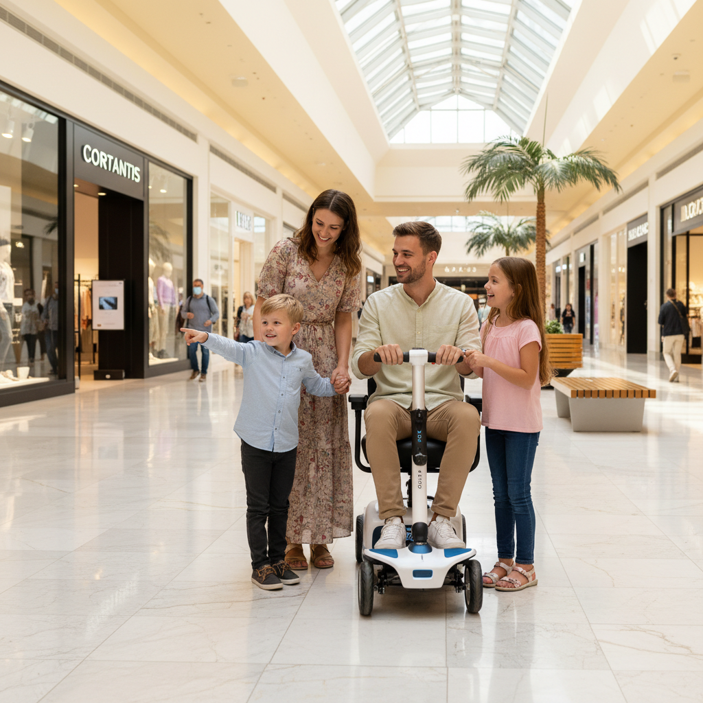 A young man in a mall sitting on an ATTO scooter with a young woman and 2 children next to him