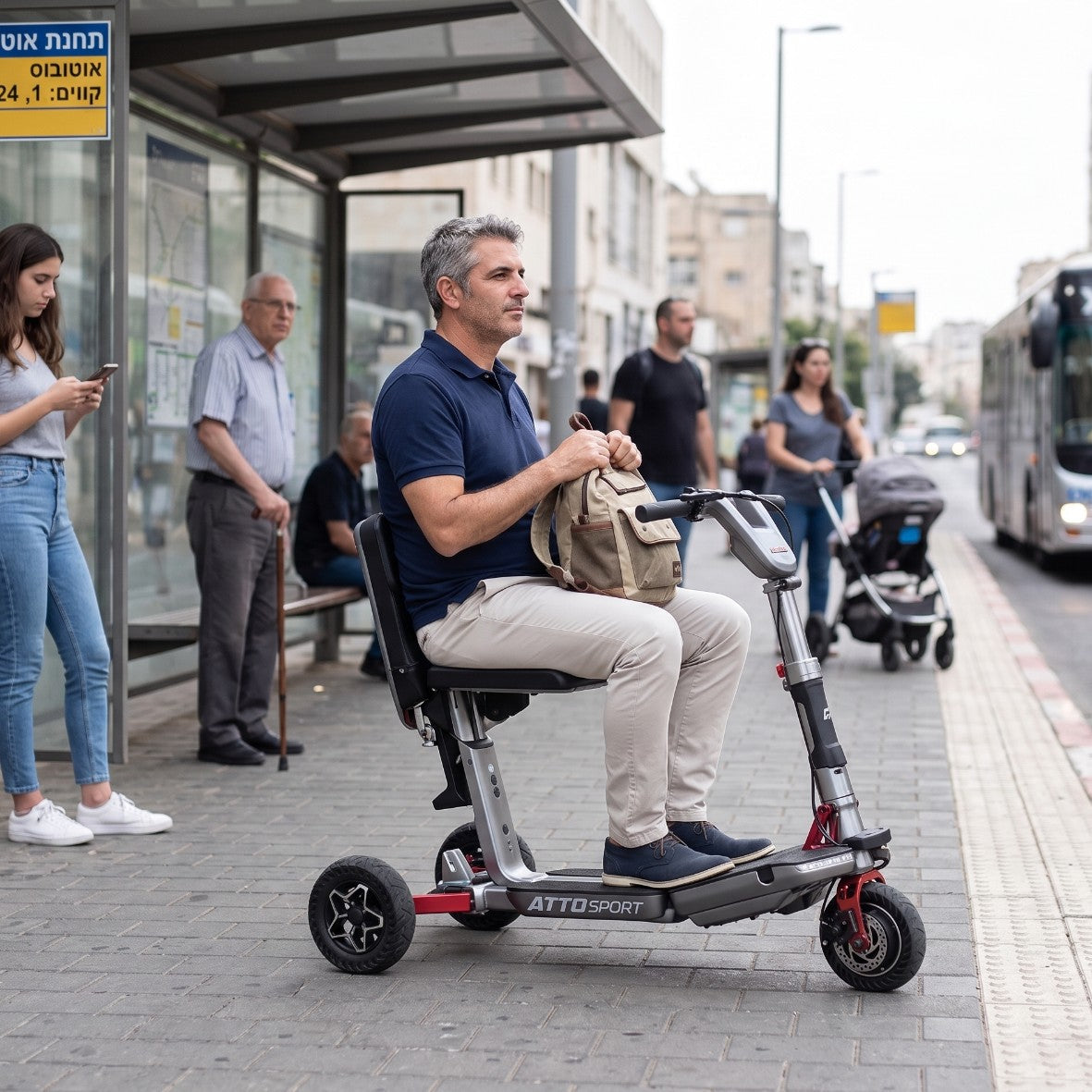  אדם יושב על קלנועית מתקפלת ומחכה בתחנת אוטובוס עירונית
