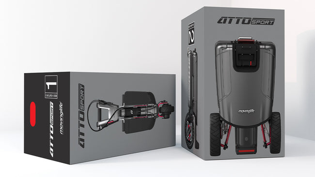 The ATTO Sport electric scooter is displayed in box one and box two retail packaging designs.