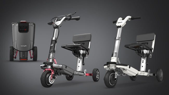 Movinglife ATTO Sport mobility scooter in black and white variants with folded view.