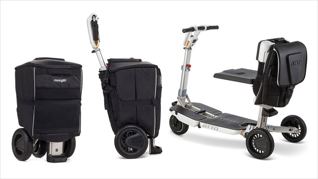 The ATTO mobility scooter with a travel bag attachment is shown folded and unfolded in three views.The ATTO mobility scooter with a travel bag attachment is shown folded and unfolded in three views.
