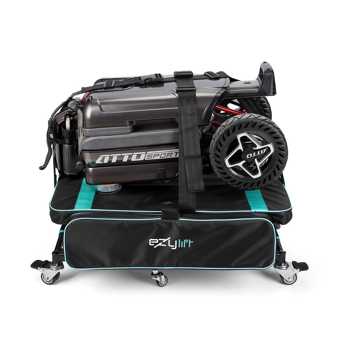 Raised Movinglife EZY LIFT holding a folded mobility scooter