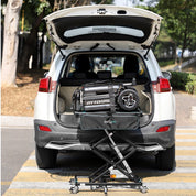 Movinglife EZY LIFT raised to a vehicle trunk with scooter